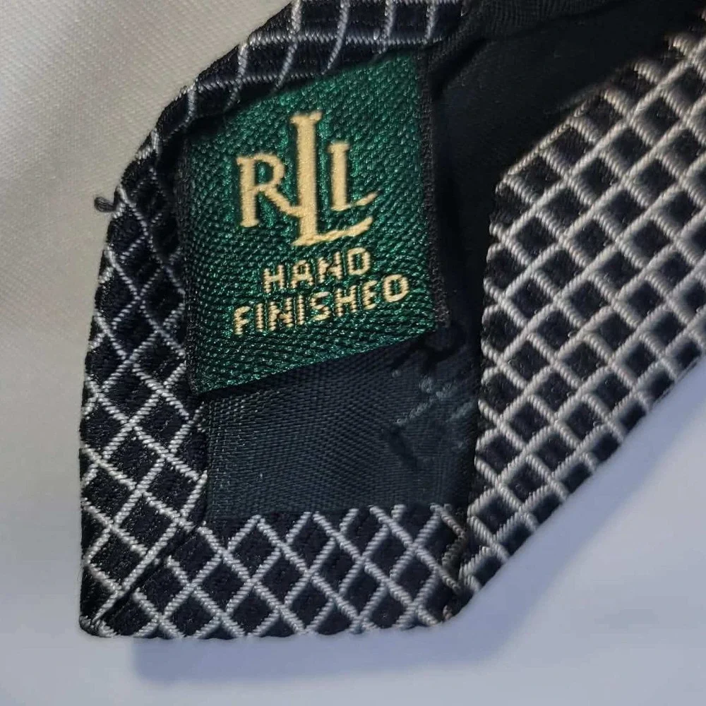Ralph Lauren Silk Tie Mens Black White Grid Pattern Hand Finished USA - Picture 5 of 7